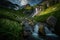 grand alpine waterfall cascading into lush meadow