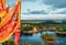 Grand Bassin Temple Ganga Talao - sacred place for pilligrimage og hindu people in the district of Savanne, Mauritius. Top view