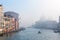 Grand Canal and Basilica Santa Maria della Salute in the winter fog, Venice Italy