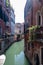 Grand canal for gondola in travel europe city. Old italian architecture with landmark bridge, romantic boat. Venezia. Italy,