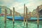 Grand Canal near Rialto bridge in Venice with moored gondolas