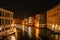 Grand Canal at night,Venice,Italy.Typical boat transportation,Venetian public waterbus long exposure.Water transport.Travel urban