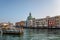 Grand Canal,Venice,Italy.Typical boat transportation.View of vaporetto station,Venetian public waterbus.Water transport.Travel