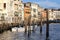 Grand Canal, vintage buildings, parked boats at the marina, Venice, Italy