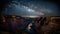 Grand Canyon at night, panorama of rocky mountains under starry sky, generative AI