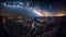 Grand Canyon at night, panorama of rocky mountains under starry sky, generative AI