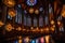 A grand cathedral illuminated with a stunning display of Christmas lights and intricate stained glass windows, casting a colorful