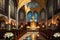 A Grand Cathedral Interior during a Candlelit Evening Mass: Altar Adorned with White Lilies, Stained Glass Elegance