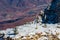 Grand Cayon; snow covered mesa with tree and yucca plant. Red Canyon, Colorado River below.