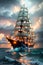 The Grand Classic Wooden Sailing Ship\\\'s Progress through Cloudy Skies and Choppy Seas. AI generated
