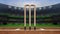 Grand cricket stadium with wooden wickets closeup in daylight