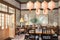 A grand dining room with a traditional platformstyle dining table a shoji screen and a glowing paper lantern.. AI