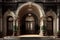 a grand entrance with arched doorways and imposing columns, for an opulent hotel or luxury residence