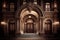 a grand entrance with arched doorways and imposing columns, for an opulent hotel or luxury residence