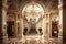 the grand entrance to a lavish hotel, with crystal chandeliers and marble floors