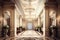 the grand entrance to a lavish hotel, with crystal chandeliers and marble floors