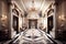 the grand entrance to a lavish hotel, with crystal chandeliers and marble floors