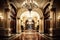 the grand entrance to a lavish hotel, with crystal chandeliers and marble floors