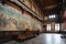 grand hall with vibrant murals, depicting battle scenes and noble heroes