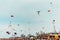 Grand Haven, MI, USA - May 18th 2019: Kites soaring in the sky at the kite festival