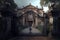grand iron gates, towering above the entrance to a secluded mansion in the woods