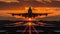 A grand jetliner gracefully lifting off from a runway as the last rays of the setting sun cast a golden glow, AI generated