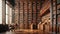 Grand Library Interior with Ornate Wooden Bookshelves