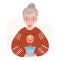 Grand mother wearing ugly Christmas sweater. Happy elderly woman holds a present. Vector isolated character