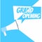 Grand opening banner. Gramophone with text, on a white blue background