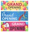 Grand opening banners. Announcement opened store, celebration ceremony, invitation promo with megaphone advertising