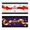 Grand opening banners. Luxury festive invitation card with red and golden ribbons with scissors, ceremony celebration