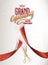Grand Opening card with red abstract ribbon and gold scissors