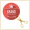 Grand Opening circle button with golden scissors. Grand opening design elements template