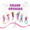 Grand opening concept with happy dancing people at party and red ribbon with scissors cartoon vector illustration