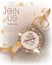 Grand opening gold invitation card with curly ribbons, round frame with pattern and confetti.