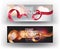 Grand opening horizontal banners with curly sparkling ribbons and blurred background.