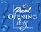 Grand opening invitation card with blue elegant ribbons and background.