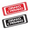 Grand opening label - white text on a red or black background