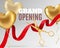Grand opening. Luxury festive invitation, scissors cut red silk ribbon, ceremony opening banner design or promotion