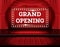 Grand Opening. Open Red Curtains with Neon Lights.