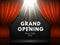 Grand opening poster with red curtains at theater stage. Theater curtain, gold sparks and spotlight beam on dramatic