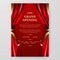 Grand opening with red curtain and golden ornament decoration poster announcement party stage theatre with red background