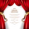 Grand opening with red curtain and golden ornament decoration poster announcement party stage theatre with white background