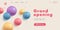 Grand opening web banner for shopping mall website home page with multicolored transparent round balloons and button gifts for you