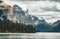 Grand Panorama of Surrounding Peaks at Maligne Lake, Jasper National Park.