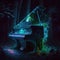 Grand Piano in Enchanted Forest, outwardly, surreal, luminescent, opalescent, AI Generative