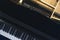 Grand piano instrument in a theater ready for a classical music concert. Top view for a flat lay overhead shot