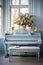 Grand piano in a Shabby chic bedroom interior, empty vintage room with elegant retro furniture