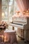 Grand piano in a Shabby chic bedroom interior, empty vintage room with elegant retro furniture