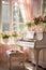 Grand piano in a Shabby chic bedroom interior, empty vintage room with elegant retro furniture